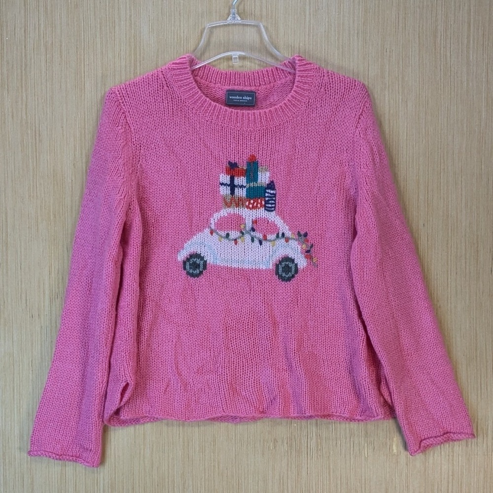 Wooden Ships Pink Christmas Holiday Car Knit Sweater Mohair Wool Blend S/M Cozy